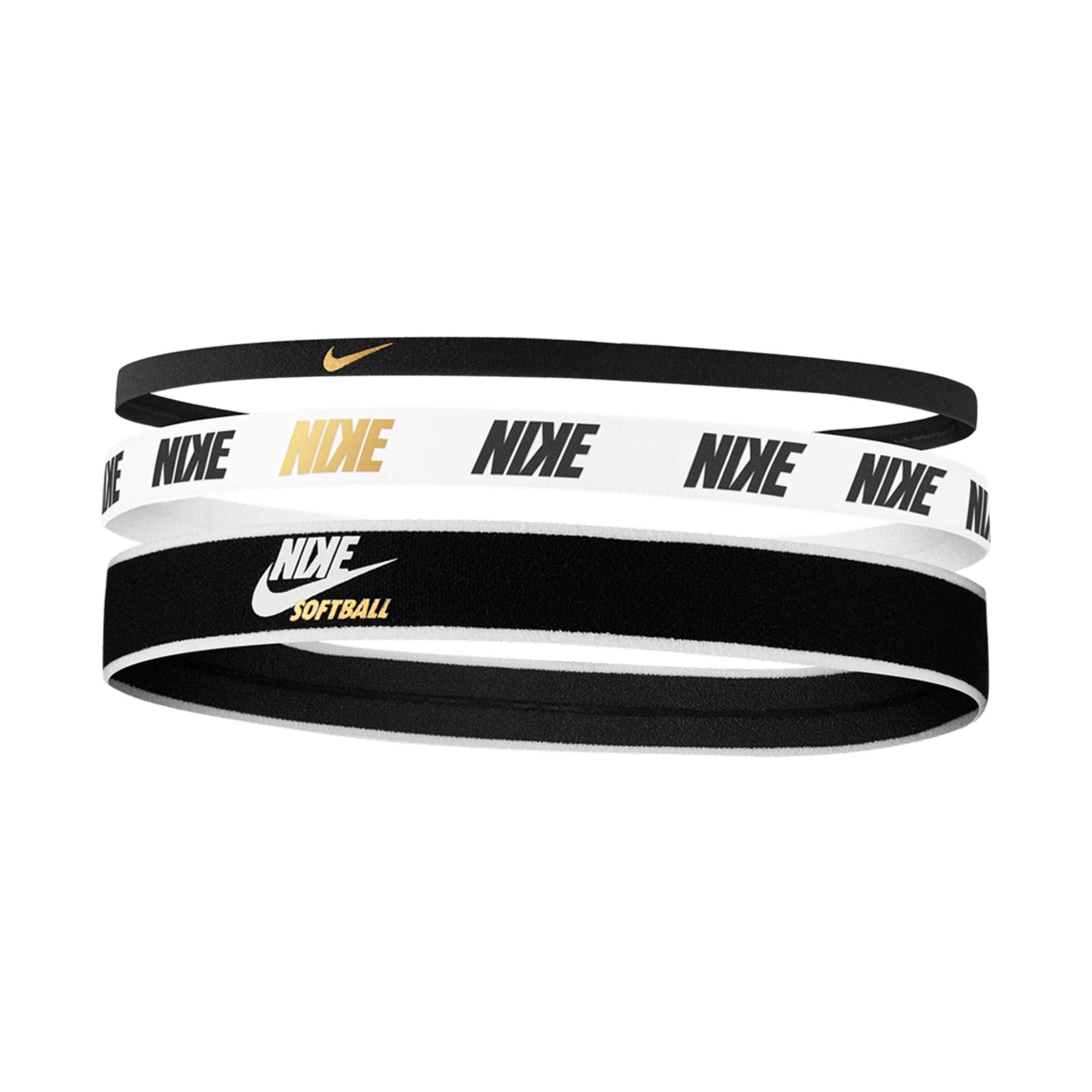 Nike Sotball Mixed Width Headbands  -3 PK BLACK/WHITE/METALLIC GOLD OSFM